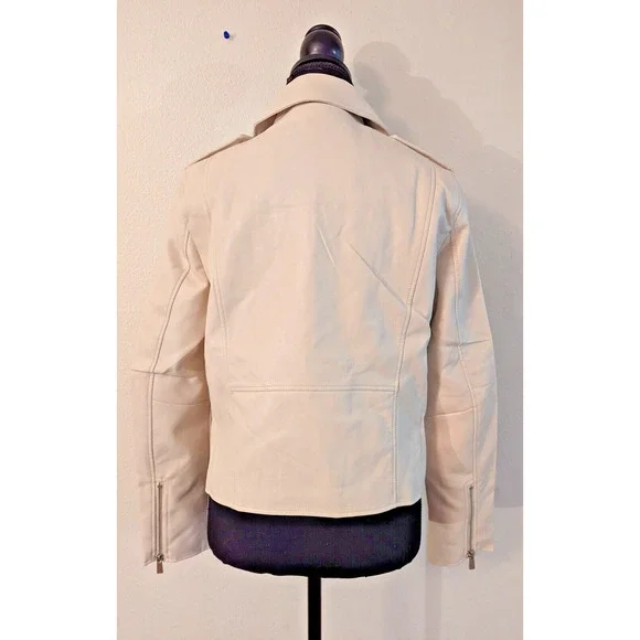New Lulus sz S Faux Vegan Leather Moto Biker Jacket zippers beige 4504 - Picture 3 of 4